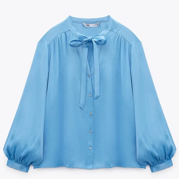Zara | Tops | Zara Baby Blue Satin Effect Bow Tie Blouse | Poshmark